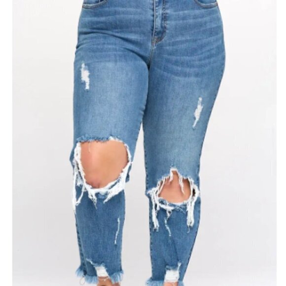 Women’s Medium Wash High Rise Distressed Raw Hem Straight Stretch Denim Jeans - Picture 4 of 7